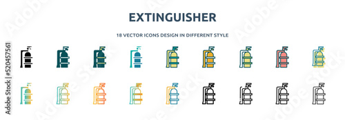 extinguisher icon in 18 different styles such as thin line, thick line, two color, glyph, colorful, lineal color, detailed, stroke and gradient. set of extinguisher vector for web, mobile, ui