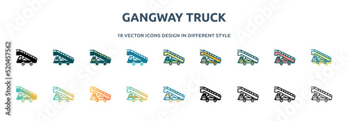 gangway truck icon in 18 different styles such as thin line, thick line, two color, glyph, colorful, lineal color, detailed, stroke and gradient. set of gangway truck vector for web, mobile, ui