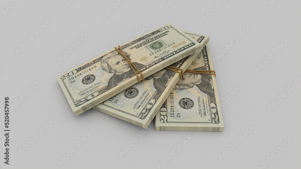 Three bundles of Twenty Dollar Bills. Banking concept with Banknotes on White Surface. Three bundles of Twenty Dollar Bills. Banking concept with Banknotes on White Surface.