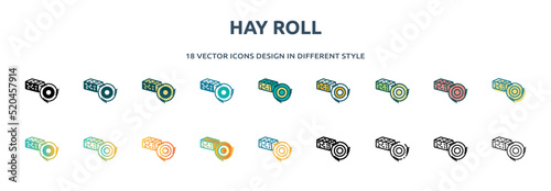 hay roll icon in 18 different styles such as thin line, thick line, two color, glyph, colorful, lineal color, detailed, stroke and gradient. set of hay roll vector for web, mobile, ui