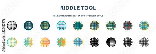 riddle tool icon in 18 different styles such as thin line, thick line, two color, glyph, colorful, lineal color, detailed, stroke and gradient. set of riddle tool vector for web, mobile, ui
