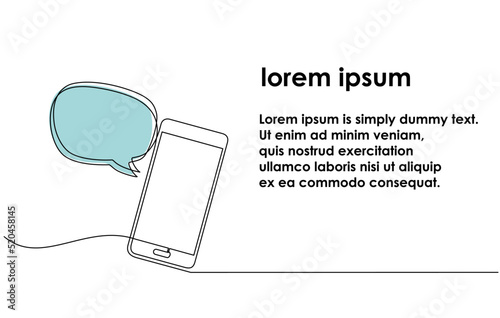 Continuous one line drawing of a chat messages on smartphone. Chat on mobile. send message and text with speech bubble, flat illustration vector of cell phone conversation in doodle style