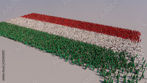 Aerial view of a Crowd of People, coming together to form the Flag of Hungary. Hungarian Banner on White Background. photo
