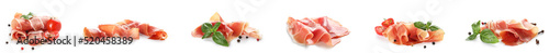 Set of delicious jamon slices on white background