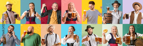 Photography Octoberfest collage with many people drinking beer and eating snacks on color ba