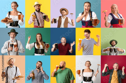 Octoberfest collage with many people drinking beer and eating snacks on color background