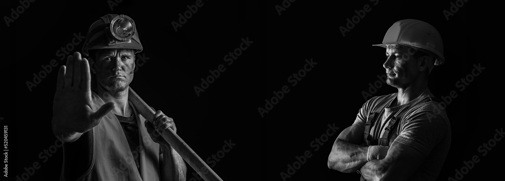 Black and white banner with miner men on dark background Black and white banner with miner men on dark background