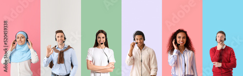 Fotografía Set of technical support agents on color background