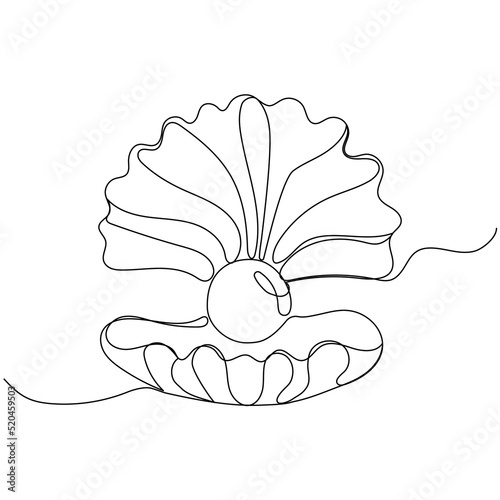 Continuous one line drawing of seashell with a pearl. Modern style vector illustration on isolated background.