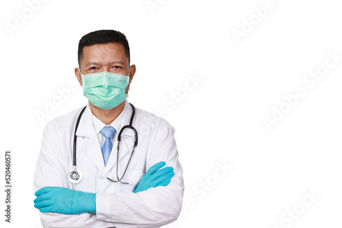 handsome man Doctor on white background ,smart doctor with stethoscope wear mask at hospital or clinic,Handsome doctor in lab coat using tablet computer in clinic.