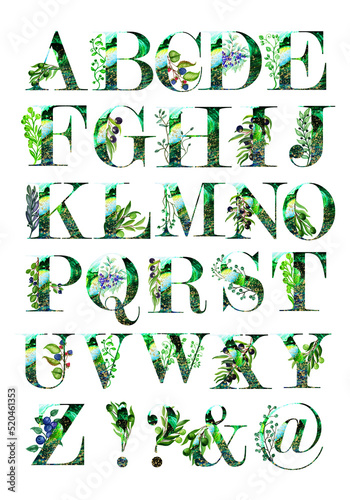 Collection.Watercolor emerald alphabet with gold sprinkles decorated with olives,tropical leaves,branches with berries,exotic.Wedding stationery item.Hand painted from A to Z. Suitable for printing po