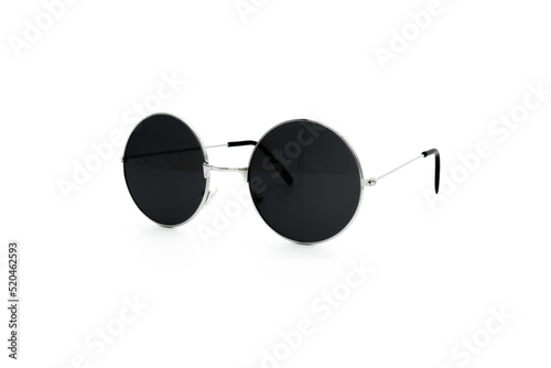 Closeup of black round sunglasses isolated on white background