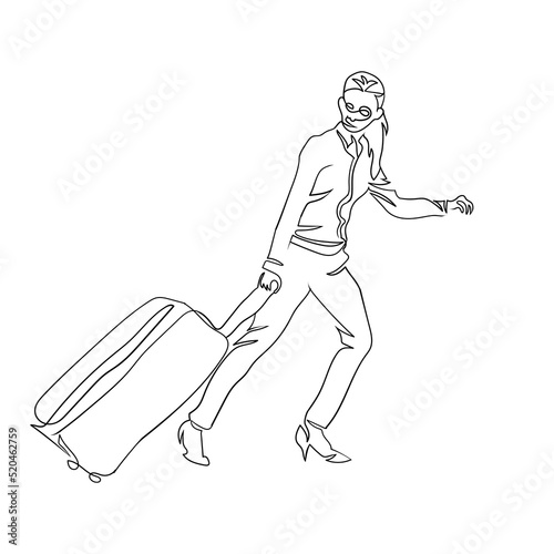 Carry on luggage line art drawing style, The Woman sketch black linear isolated on white background, And the  best Carry on luggage vector illustration. 