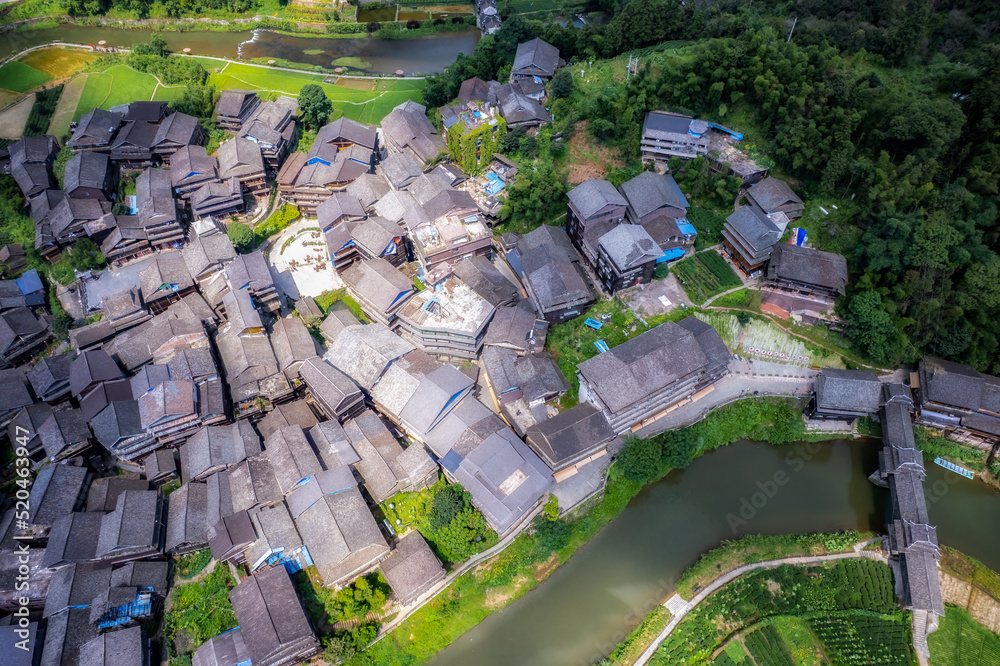 Aerial photography of the pastoral scenery of ancient Dong people's houses in Bazhai, Chengyang, Liuzhou Aerial photography of the pastoral scenery of ancient Dong people's houses in Bazhai, Chengyang, Liuzhou