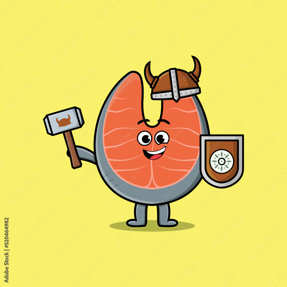 Fototapeta premium Cute cartoon character Fresh salmon viking pirate with hat and holding hammer and shield