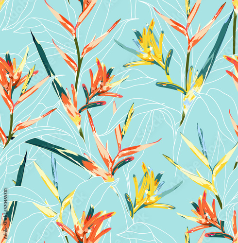 Tropical Flower Bird of Paradise With Outline Leave Seamless Pattern On Turquoise Background Color, Tropical  Hawaii Vector illustration