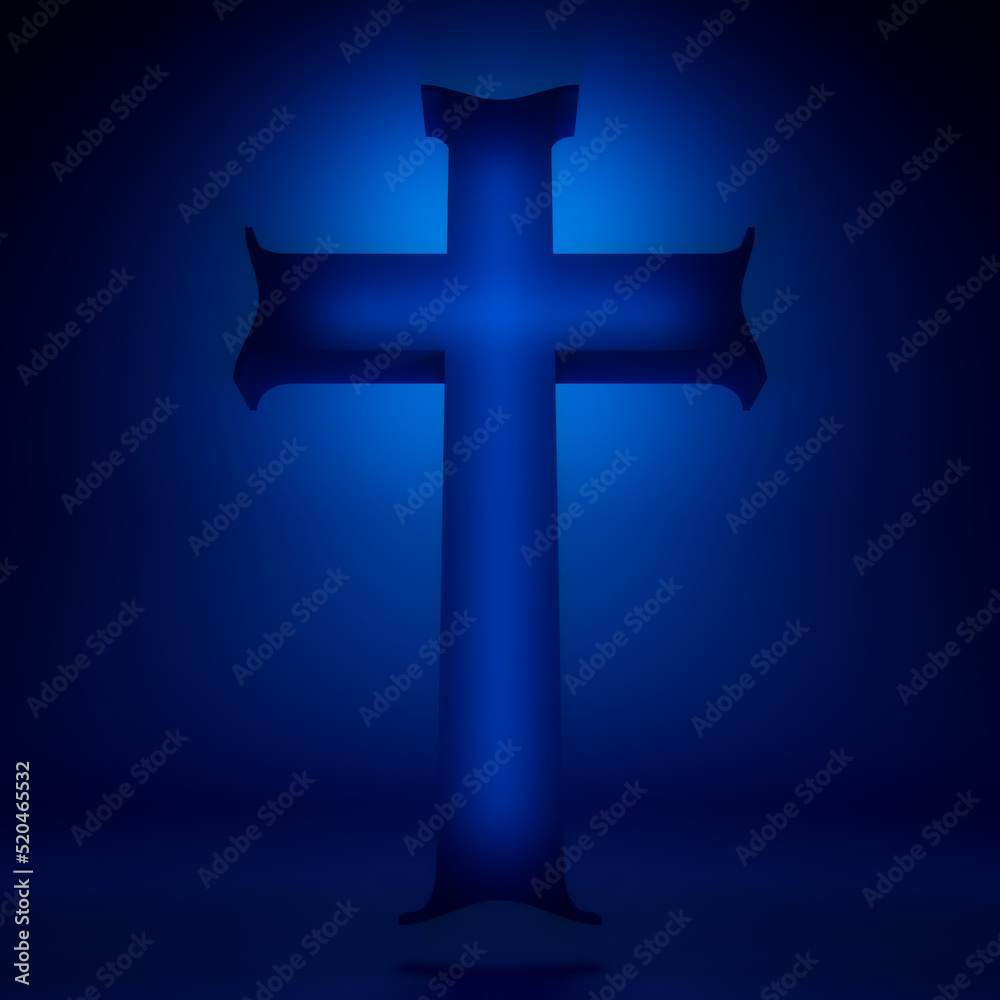 Christian cross with backlight. Religion concept illustration. 3D render