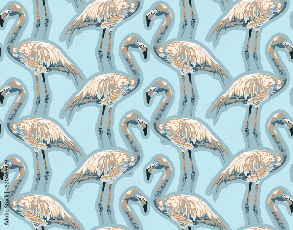 Flamingo Seamless Pattern Art On Blue-Sky Color Background Wallpaper,  Tropical Animal Art Pattern Stock Vector | Adobe Stock