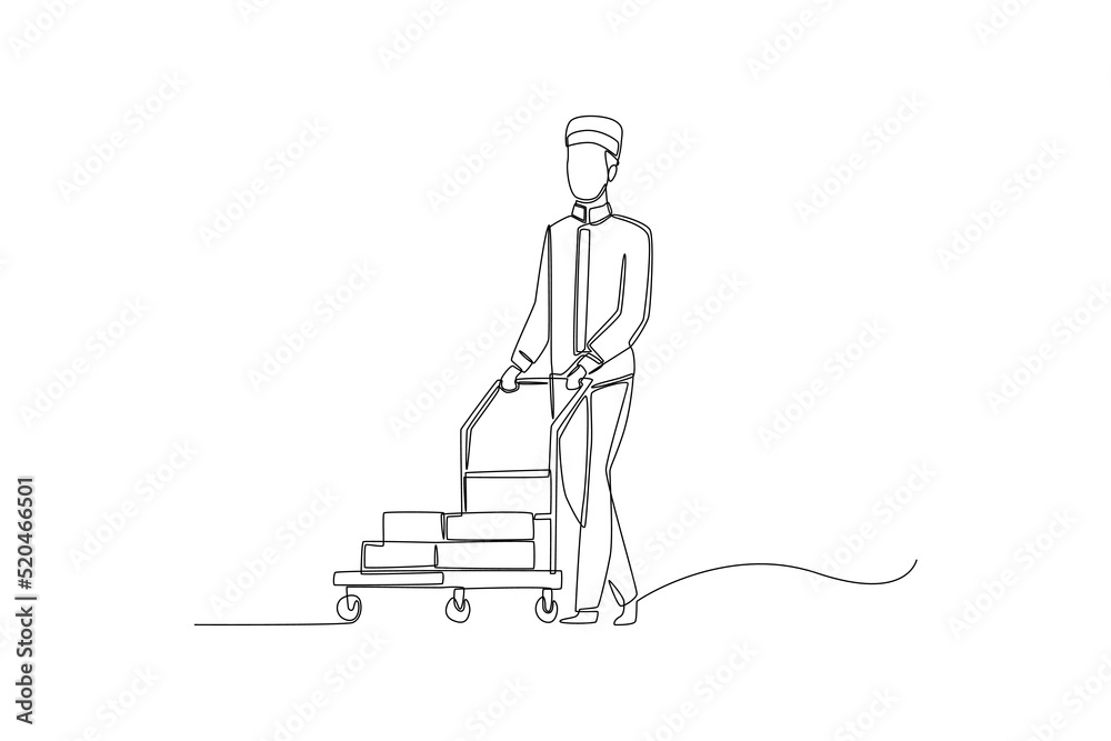Single one line drawing baggage porter or bell boy bringing the suitcase of guests in luggage cart to the hotel room. Hotel activity concept. Continuous line draw design graphic vector illustration.