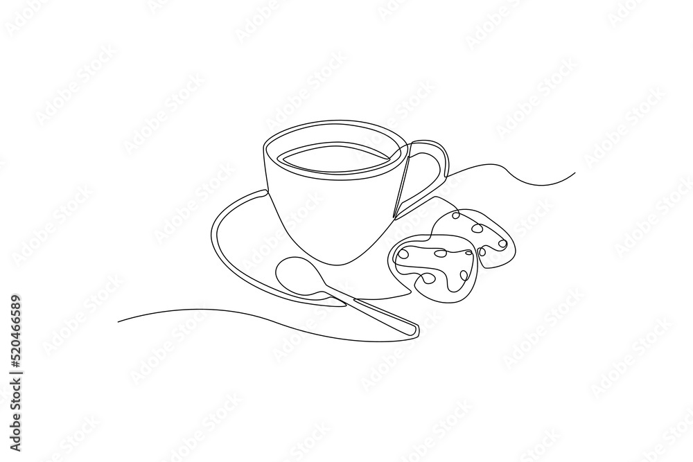 Vecteur Stock Single one line drawing cup of tea and cookies. Hotel  activity concept. Continuous line draw design graphic vector illustration.  | Adobe Stock