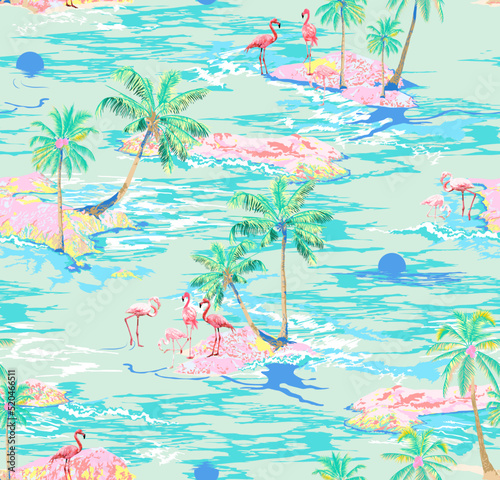 Hawaii Tropical Flamingo Island Vector Illustration Seamless Pattern On Yellow Background Wallpaper, Palm Island With Flamingo Animal