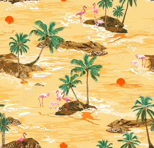 Hawaii Tropical Flamingo Island Vector Illustration Seamless Pattern On Yellow Background Wallpaper, Palm Island With Flamingo Animal