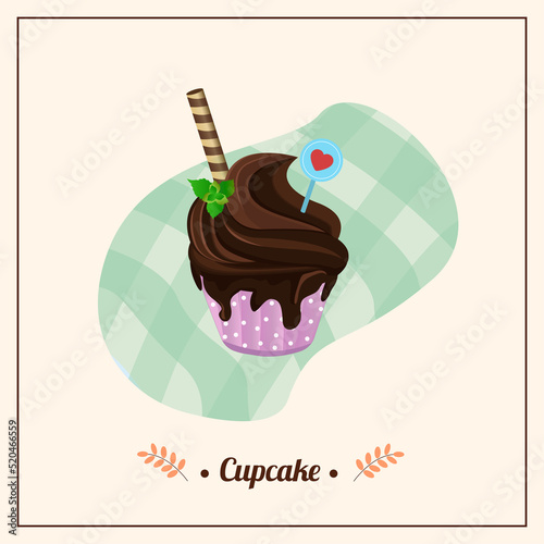 Cupcake Logo Bakery Illustration, Cherry and chocolate decorated Cake Icon Design Inspiration, Sweet Food Sticker Idea pink background photo