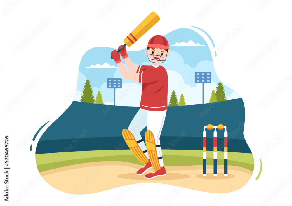 Batsman Playing Cricket Sports with Ball and Stick in Flat Cartoon Field  Background Illustration Stock Vector | Adobe Stock
