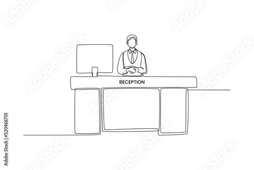 Single one line drawing manager behind registration desk. Receptionist and guests. Hotel activity concept. Continuous line draw design graphic vector illustration.