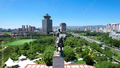Aerial photography of the statue skyline of Genghis Khan Square in Hohhot, Inner Mongolia photo