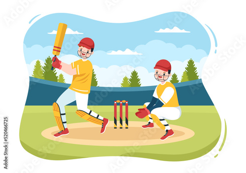 Batsman Playing Cricket Sports with Ball and Stick in Flat Cartoon Field Background Illustration