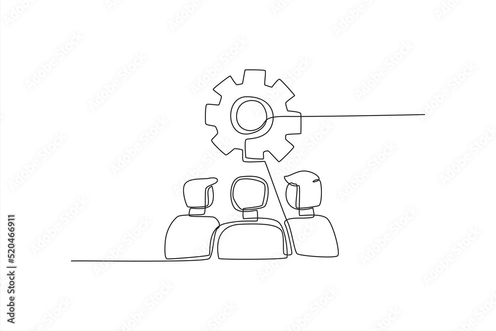 Continuous one line drawing business team looking at gear system working for business operation. Training and workshop concept. Single line draw design vector graphic illustration. Continuous one line drawing business team looking at gear system working for business operation. Training and workshop concept. Single line draw design vector graphic illustration.