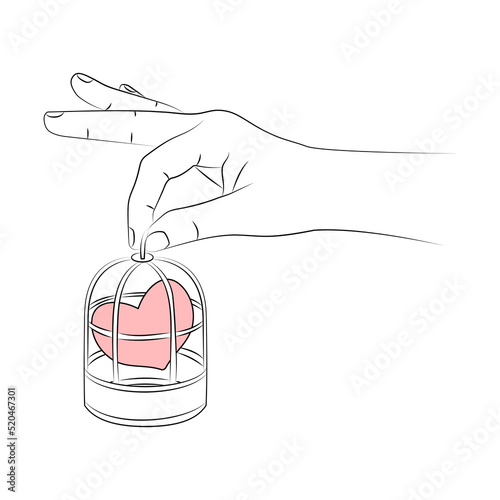 Woman's hand holding bird cage with heart locked in it. Heart in cage. Concept of love relationships. Tenderness, love forever, marriage proposal. Feelings of unrequited love. Sketch, linear drawing