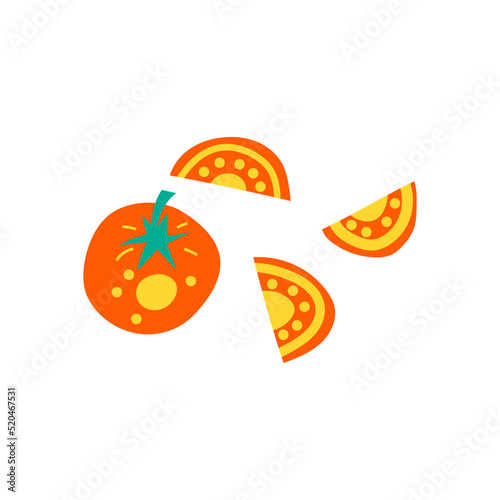 Whole red tomato and wedges. Colorful flat illustration, isolated on white background