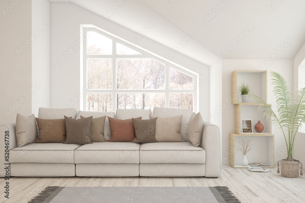 White living room with sofa and winter landscape in window. Scandinavian interior design. 3D illustration White living room with sofa and winter landscape in window. Scandinavian interior design. 3D illustration