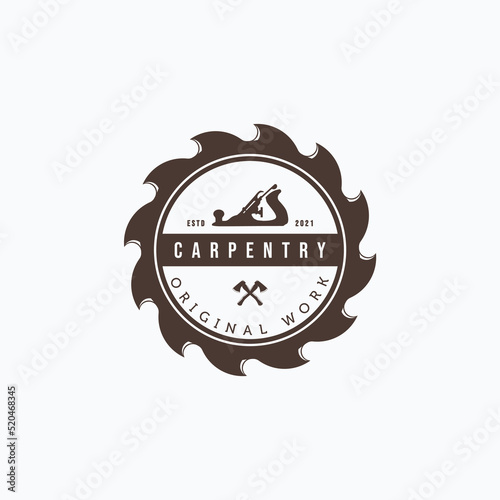 Vintage carpentry saw blade, crossed axe and wood planner vector illustration badge emblem logo design