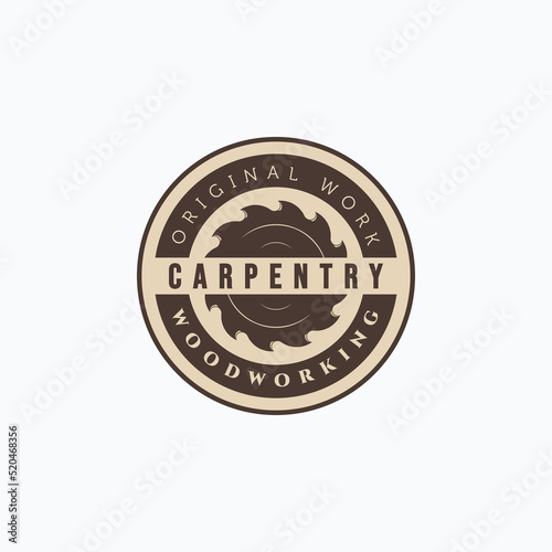 Vintage carpentry saw blade vector illustration badge emblem logo design