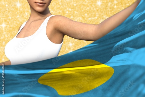 young woman holds Palau flag in front on the orange shining sparks background - flag concept 3d illustration