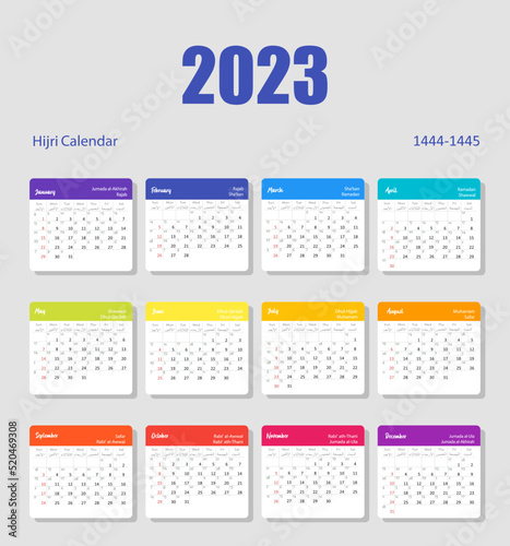 Hijri islamic and gregorian calendar 2023. From 1444 to 1445 vector celebration template. Week starting on sunday. Ready for print. Flat minimal desk or wall picture design.