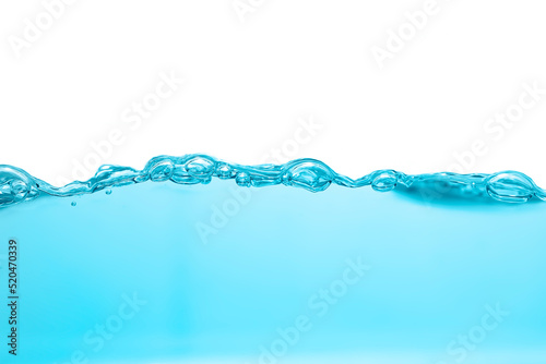blue water surface, ripple, wave and bubbles isolated on white background.