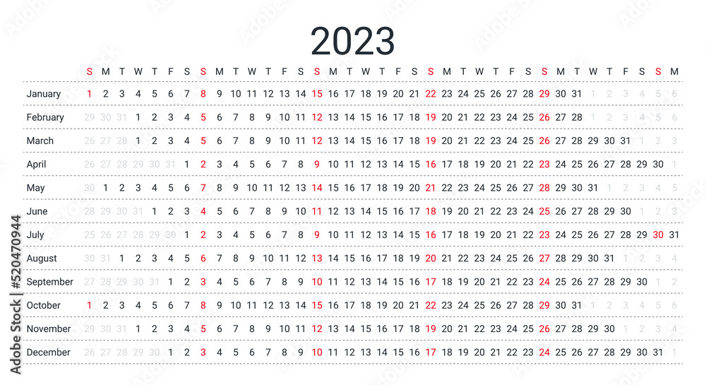 Linear Calendar For 2023 Year Vector Illustration Yearly Calender linear-calendar-for-2023-year-vector-illustration-yearly-calender
