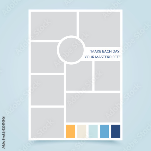 Mood board grid. Collage template. Moodboard banner. Montage photo images. Mosaic pictures album layout. Photomontage frames with circle, colour palette. Vertical gallery mockup. Vector illustration.