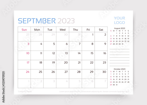 September 2023 year calendar. Desk monthly planner template. Vector illustration.