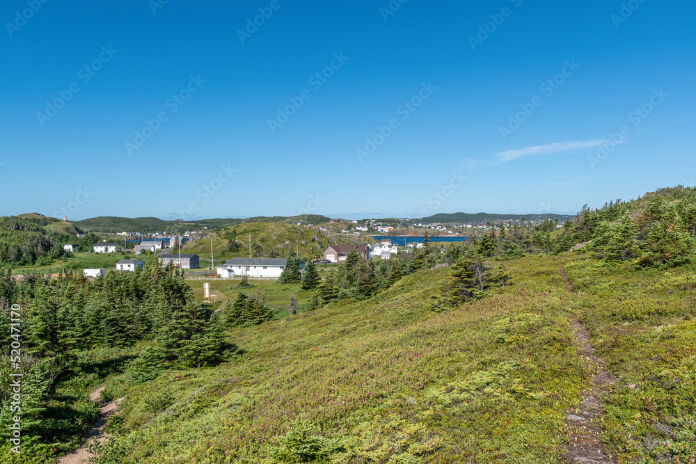 A look back at the small town of Twillingate, Newfoundland, as seen from the hiking trail to Spiller's Cove on a beautiful sunny day.