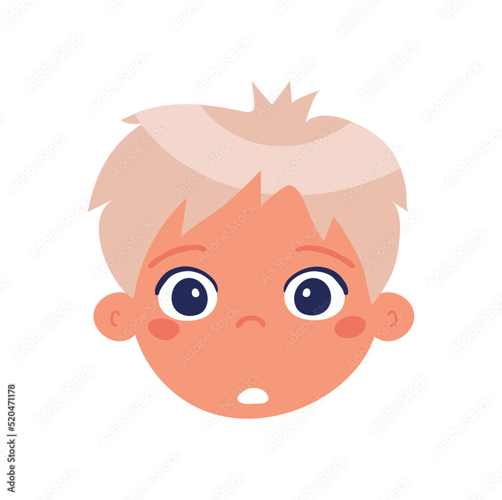 The head of a boy with the emotion of surprise. The face of a confused child. Flat vector cartoon design isolated on white background.
