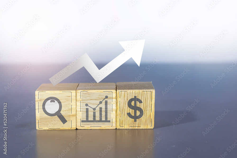 Fototapeta premium Profitable investment search icon on wooden box light gray background and up arrow