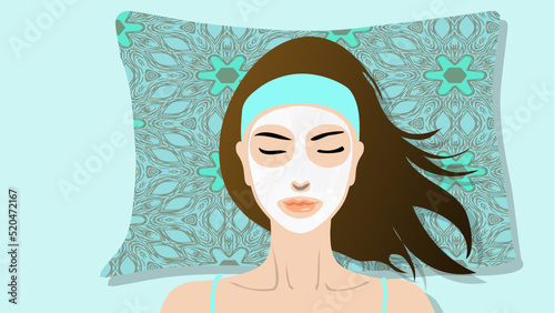 portrait of a woman with a mask, beautiful lady rests on a green and blue floral pattern pillow, wears a mint green headband,  brown hair, lies on a green sheet, realistic minimalistic illustration