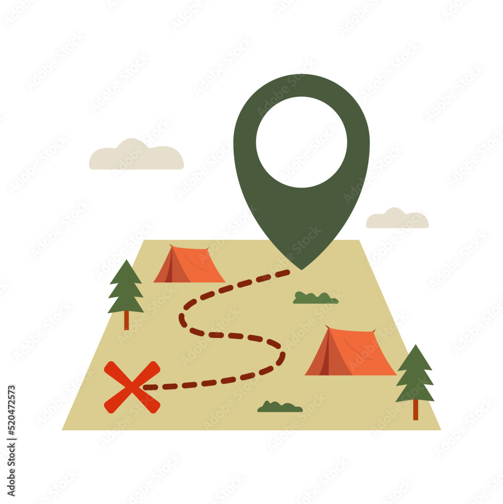 Obraz premium camping hiking route map with big location point and tent pine tree symbol. vector flat illustration icon design