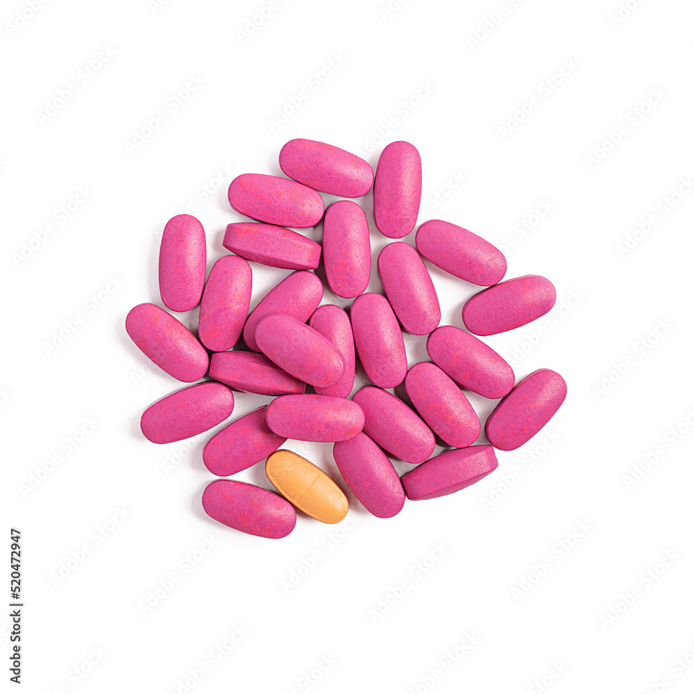 Different pills isolated on white background. Top view Different pills isolated on white background. Top view
