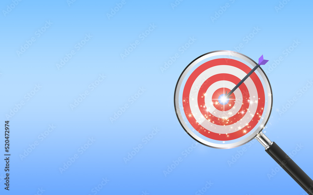 3D rendering of a target board inside a magnifier glass on a blue background with copy space for focusing on business objectives.